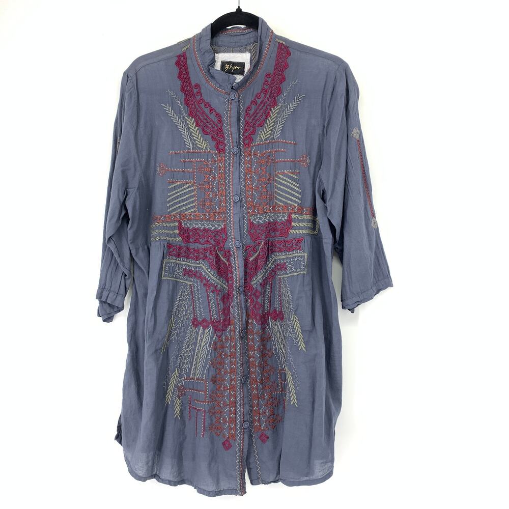 BiYa Johnny Was Tunic Dress Womens Sz Large Embroidered Button Front Boho Shirt